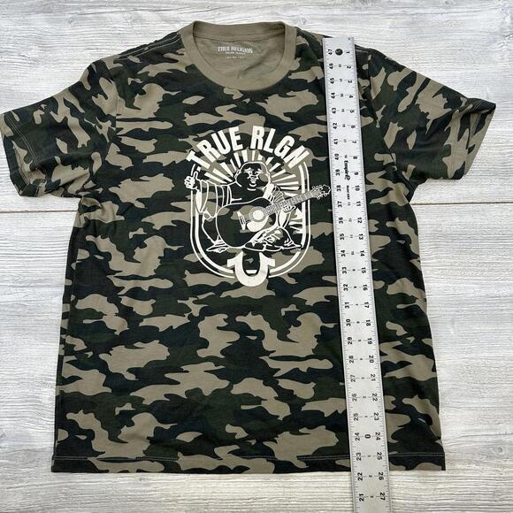 True Religion Shirt Mens Large Green Brown Camoflauge Buddha Guitar Short Sleeve - Picture 5 of 6